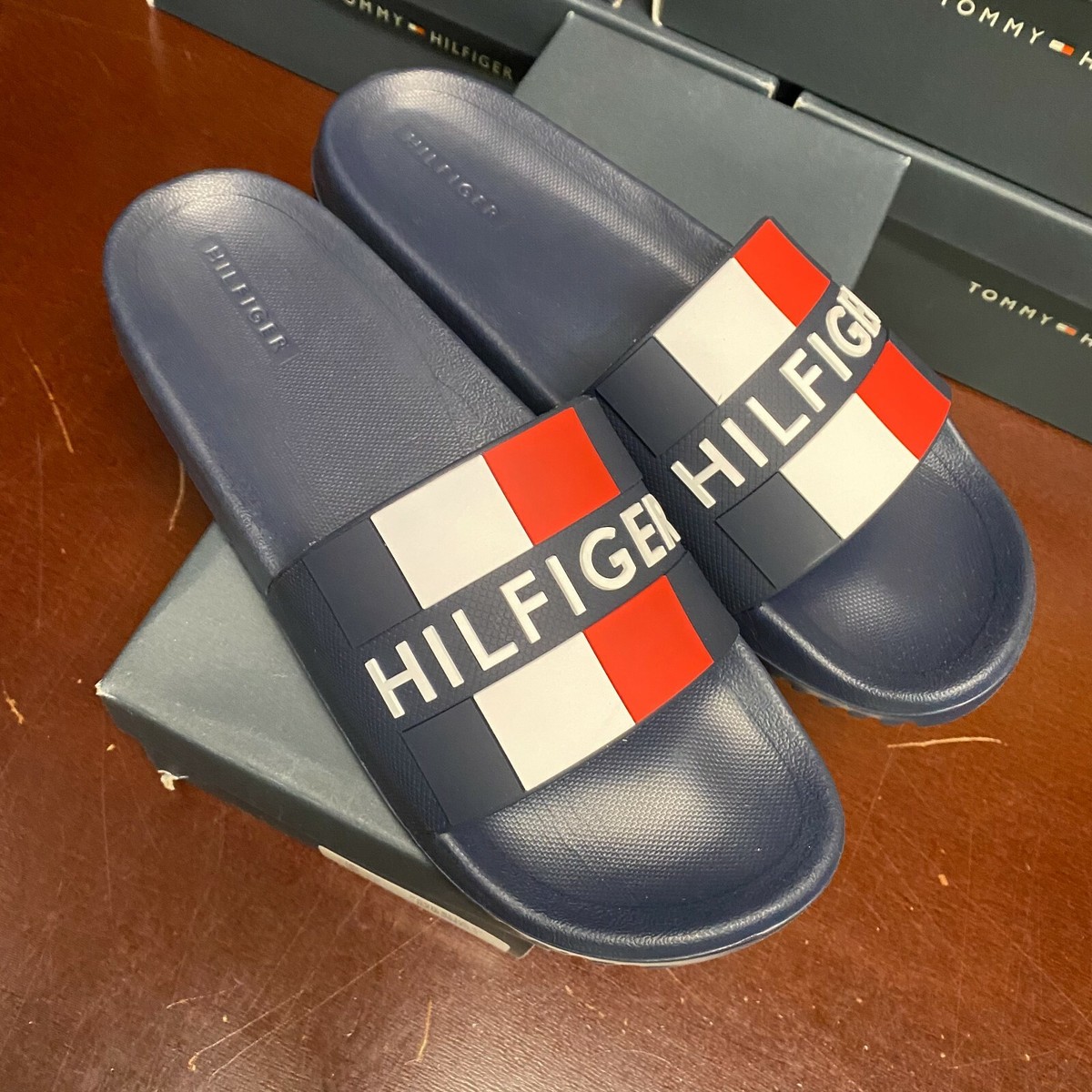 Tommy Hilfiger Mens Dark Blue TM Romey Slip On Slide Sandals 