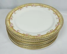 PL Limoges Set (6) Dessert Plates 7.5” Floral Pink Roses Yellow Rim France