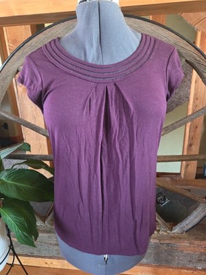 Daniel Rainn Pleated Scoop Neck Top Purple Small S Knit Cap Sleeve Cutout Detail