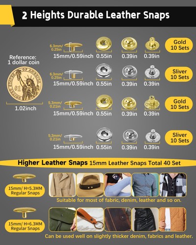 Leather Snaps and Fasteners Kit for Thicker Fabric w/Heights 6.3mm/5.3mm Meta... - Picture 5 of 6