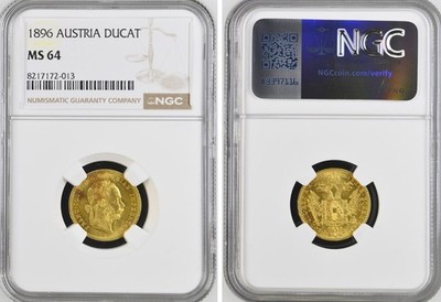 AUSTRIA  , FRANZ JOSEPH GOLD 1 DUCAT 1896 - VIENNA MINT -  NGC MS 64 , RARE8