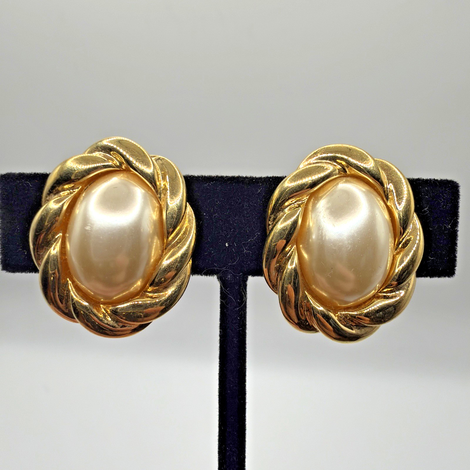 Vintage Napier Earrings Gold Toned Faux Pearl Clips
