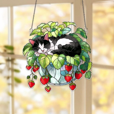 #ad Tuxedo Cat On Strawberry Pot Acrylic SuncatcherTuxedo Cat Tuxedo Cat Sleeping $15.12