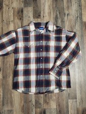Wrangler Mens Pearl Snap Long Sleeve Shirt Plaid Navy Red Vintage Size M Western