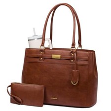 Laptop Tote Bag for Women, 15.6 Inch Waterproof Leather Work Medium Brown