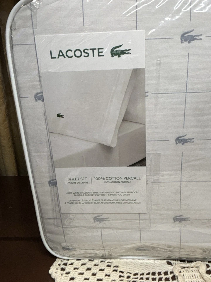 LACOSTE CA King Sheet Set 100% Cotton White Gator Logo Anthracite New - Image 3 of 4