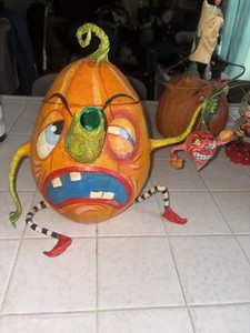 Signed Rojas Handcrafted Papier Mache Pumpkin Sculpture Halloween Folk