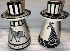 2 Hand Carved Kenya Soapstone Candle Holders - painted Zebra and Giraffe -Marked