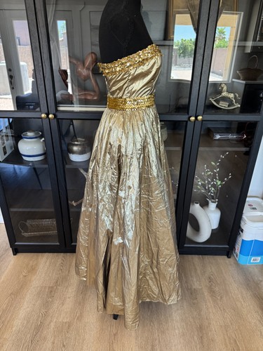 Vestido De Colección Gunne Sax Para Mujer 7 Dorado Metálico Lentejuelas Sin Tirantes Vestido Formal Años 80 - Imagen 9 de 18