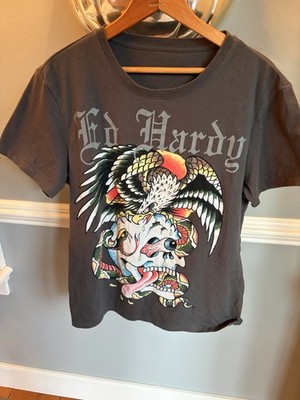 Ed Hardy  Battle Skull  Graphic Tee Shirt  Charcoal Grey Medium