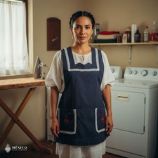 Blue Mexican Embroidered Apron Essential Cotton Kitchen Apron Floral Design
