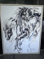 HYACINTHE KULLER BARON ORIGINAL LARGE CANVAS  HORSES - RARE EXCELLENT COND. 