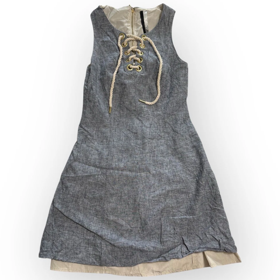 Vestido com cadarço Kensie mistura de linho em excelente estado usado XS azul cambraia 1132 - Imagem 2 de 4