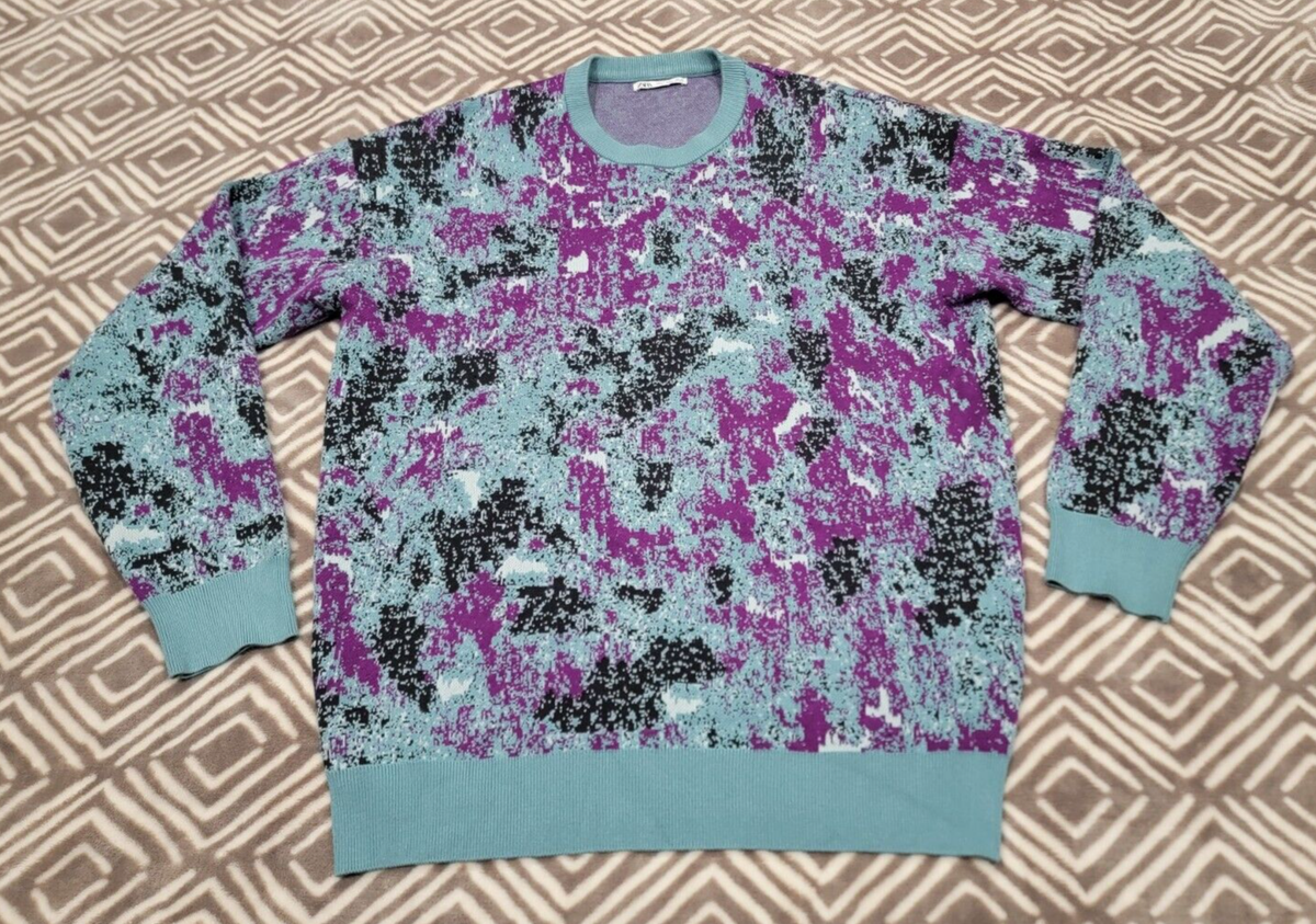 Zara Multicolor Pullover Sweater Men Large Purple Blue Black Camo