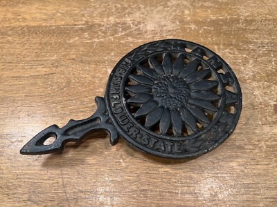 Antique Cast Iron Trivet Kansas The Sunflower State Vintage Kitchen Cooking Tool