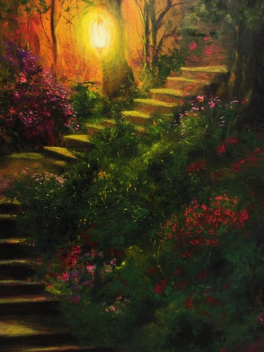 Acrylic Painting Original "Garden Steps" Forest Trees Park Lights Flowers 16x20 - Picture 3 of 5