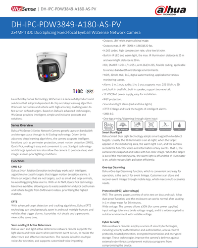 DAHUA Panoramic 180° EPTZ 8MP 4K IPC-PDW3849-A180-AS-PV TiOC2.0 2x 4mp IP Camera - Picture 3 of 24