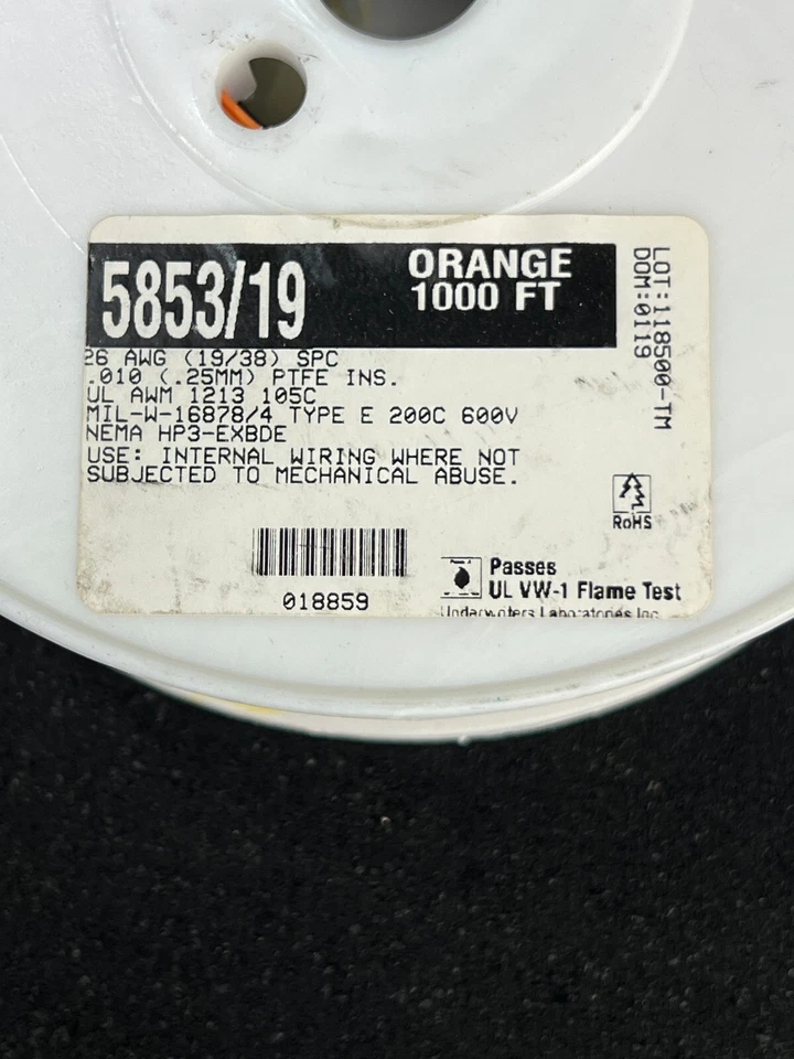 Alpha Wire 5853 / 19 BK001 CUERDA DE CONEXIÓN 26AWG NARANJA 1000' Rollo 600V 200C Nuevo Foto 2 de 4