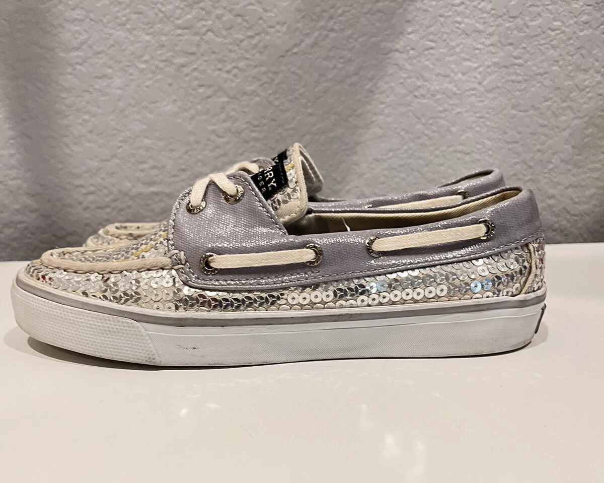 Sperry Top Sider Boat Shoes Glitter Silver Sequin Sparkle Gray White Size 6