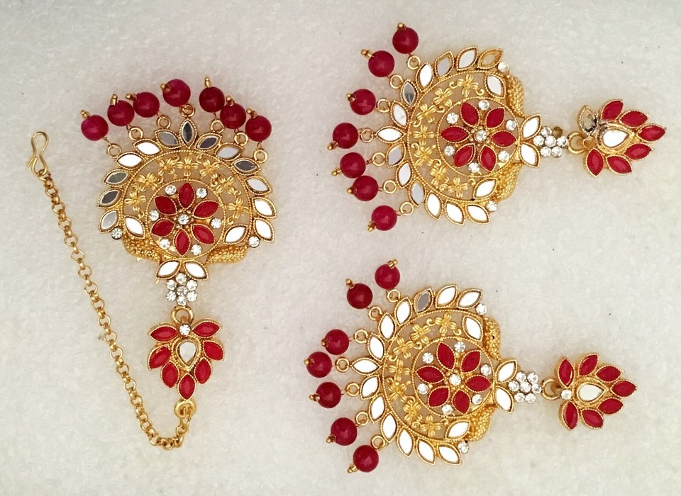 New Bridal Maang Tikka Earrings Pearl Kundan Bollywood Gold Tone Indian