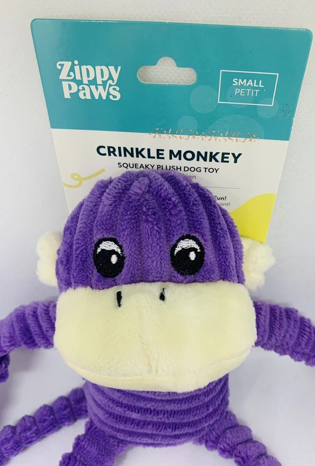 Zippy Paws Spencer the Crinkle Monkey Small Purple Squeaky Plush Dog Toy NEW!!! - Image 2 of 4