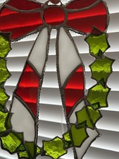 Vintage Stained Glass Christmas Holly Wreath Window Suncatcher Decor Mcm 9  