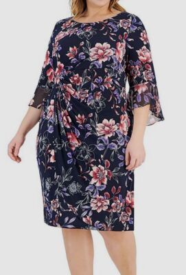 Connected Apparel Women Blue Floral Print Gathered Sheath Dress Plus Size 20W
