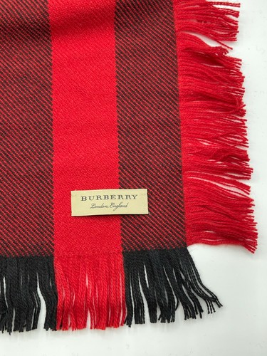 New Burberry Red Black Wool Half Mega Fashion Plaid Check Fringe Scarf 40609881 - Picture 6 of 8