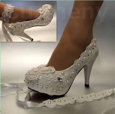 su.cheny 2/3/4  heels White ivory lace ribbon crystal pearl Wedding shoes bride