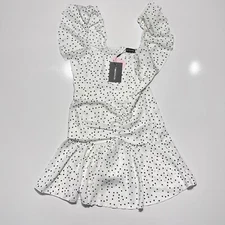 Pretty Little Thing Polka Dot Fit & Flare Dress Size 12 Short Ruched Detail NWT