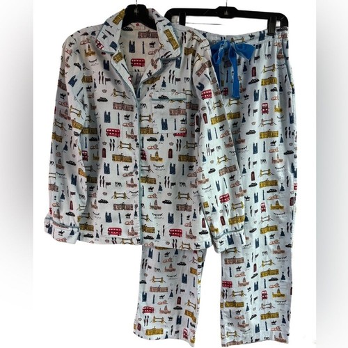 Boden Blue Brushed Cotton Travel Theme Pajamas Size S