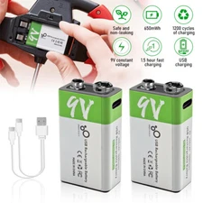2-Count 9Volt Battery 9V Block Rechargeable Batteries 650mAh for smoke detectors