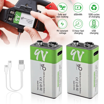2 x 9V Li-ion USB Rechargeable Batteries 9 Volt Lithium Battery w/ Charing Cable