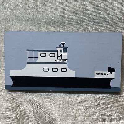 The Cats Meow Cat on Ferry Ohio 1991 Tugboat cute wooden block 4'' Put-in-Bay