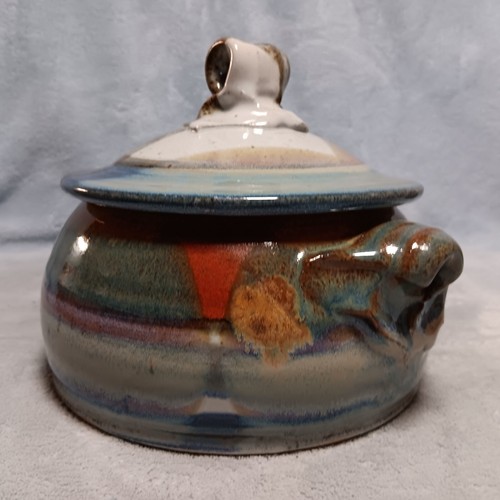 Vaso argilla in gres ceramica artistica con manici coperchio multicolore firmato artista sconosciuto - Foto 7 di 21