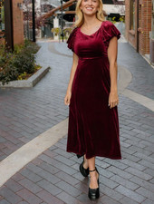 Women Burgundy Velvet Midi Dress Evening Christmas Party Wear Dinner Prom Dress