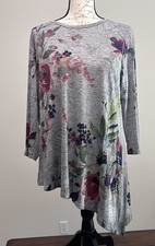 Jess & Jane Gray Floral Art To Wear Asymmetrical Hem Tunic Size M USA Made