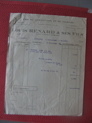 ''0821'' OLD INVOICE WINES OF TOURAINE LOUIS RENARD A MONTOIRE 1952