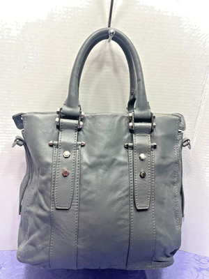 ZAC Zac Posen Gray Leather Satchel Tote Top Handle Bag Studded Designer Purse