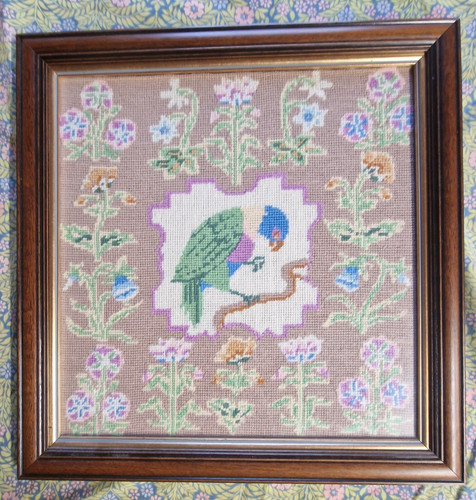 Vintage Wool Needlepoint Tapestry Green Parrot Bird Floral Jacobean Style Framed