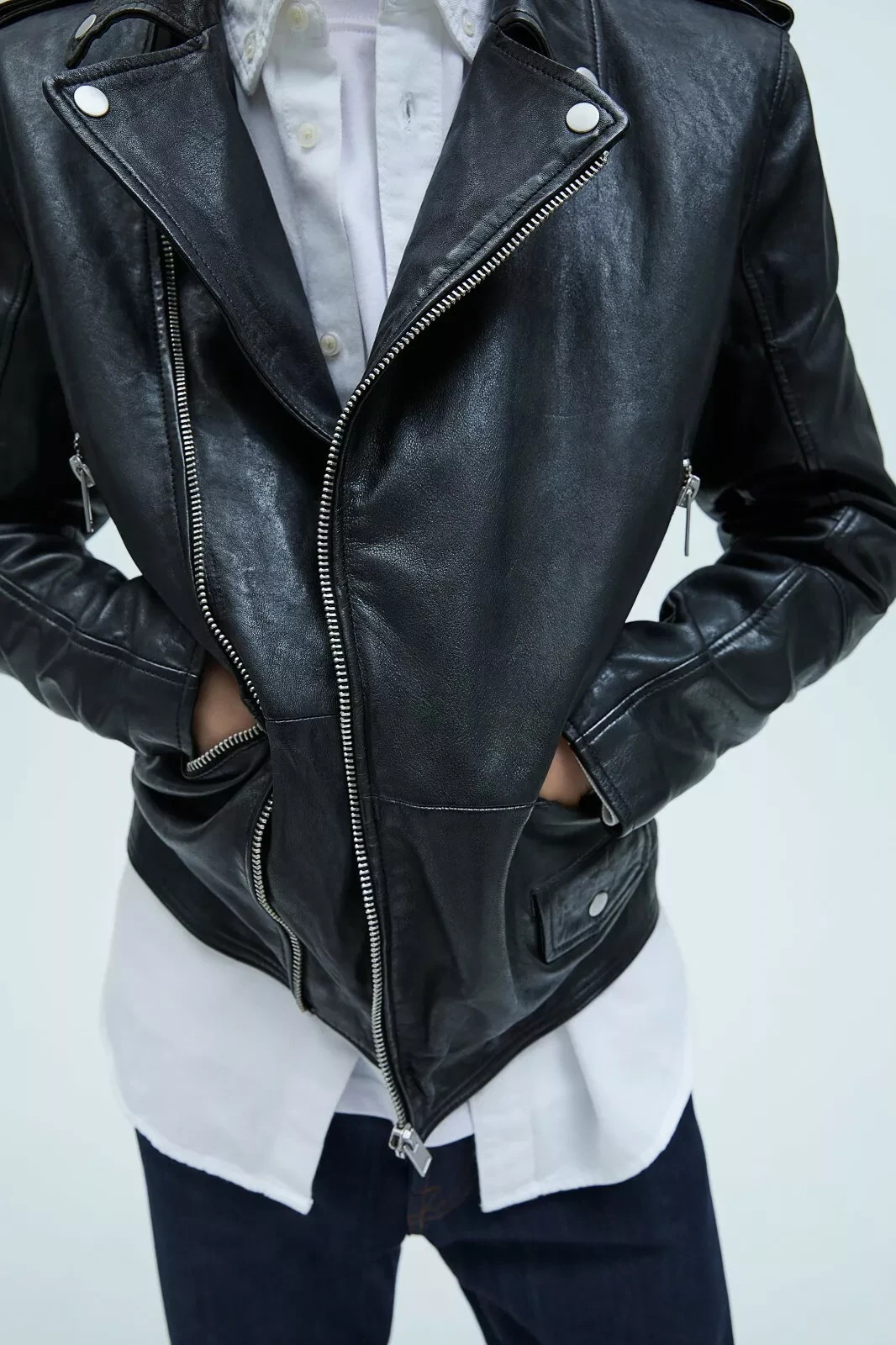 ZARA NEW MAN FW collection BLACK 100percent LEATHER JACKET ZIPS M 5388/401/800 NEW image 4