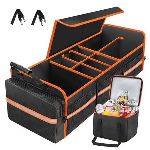 95L Collapsible Car Trunk Organizer with Removable Cooler Bag in Orange