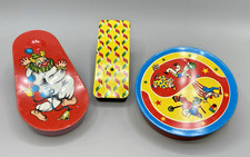 3 Vintage Tin Litho Noise Makers; 1 Marked "US Metal Toy MFG"; Clowns, Bright