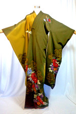 Japanese kimono SILK"FURISODE" SAKURA,Pionies,Shading,Olive Green,L5'3.4"...4318