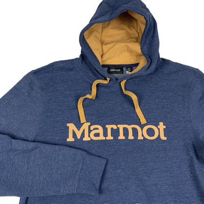 Marmot Hoodie Mens Pullover Spell Out Logo Sweatshirt Blue Yellow-Brown Sz Large