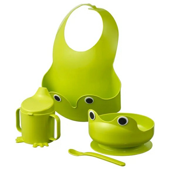 IKEA MATA 4-piece meal set Baby Toddler Green Frog Bib Spoon Bowl Sippy Cup NEW