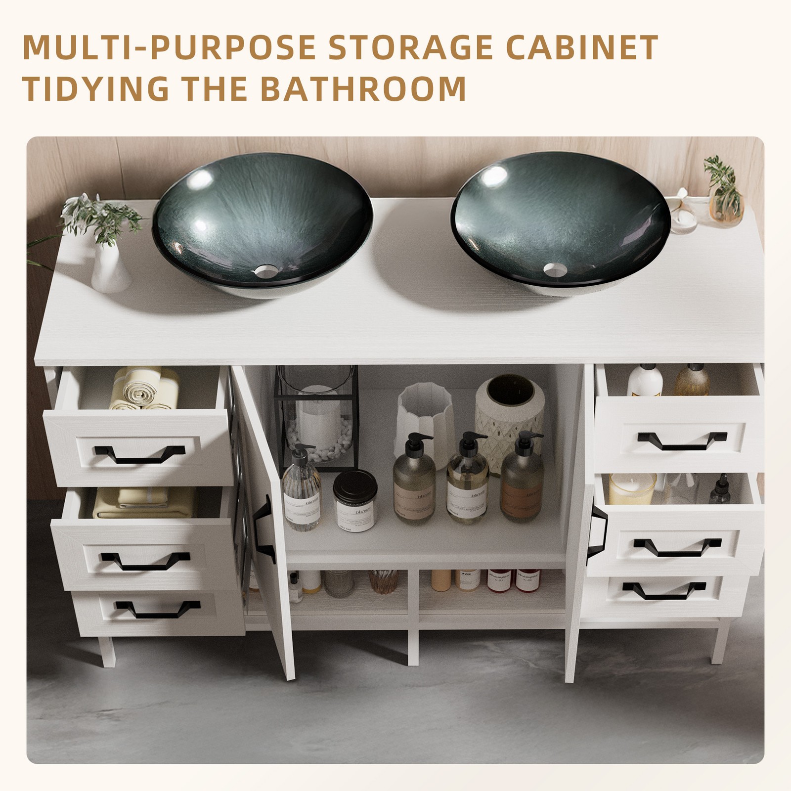 48" Bathroom Vanity with Tempered Glass Sink Open Shelves and 6 Storage Drawers