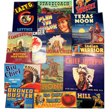 15 Vintage Cowboy & Indian Fruit Crate Labels | 1920s–1950s Citrus Art | NOS