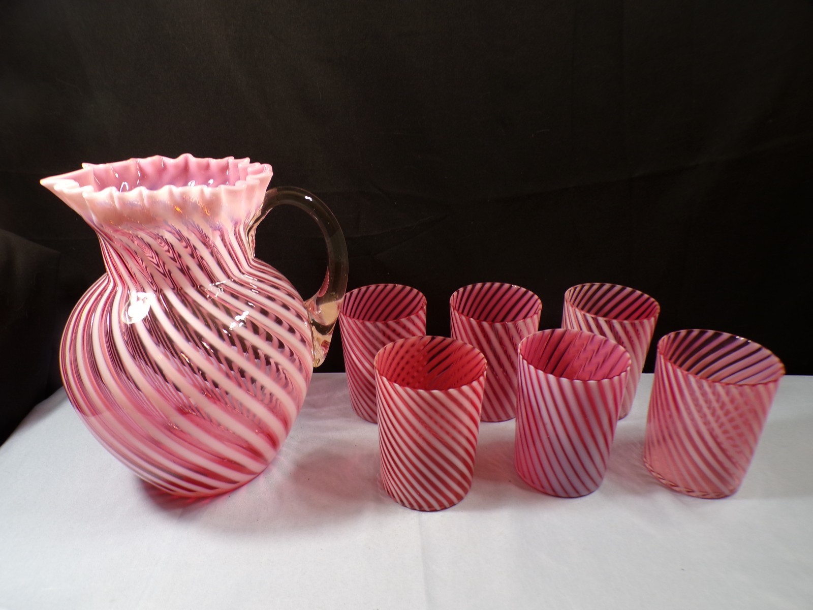 Northwood Cranberry Opalescent Swirl Spiral Optic Water Set Pitcher & 6 Tumblers
