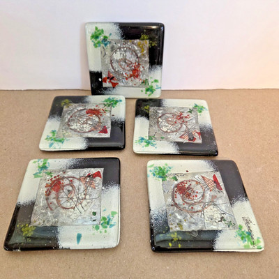 Abstract Art Glass Fused Multicolor Square Coasters Tiles 4  Modern Set of 5